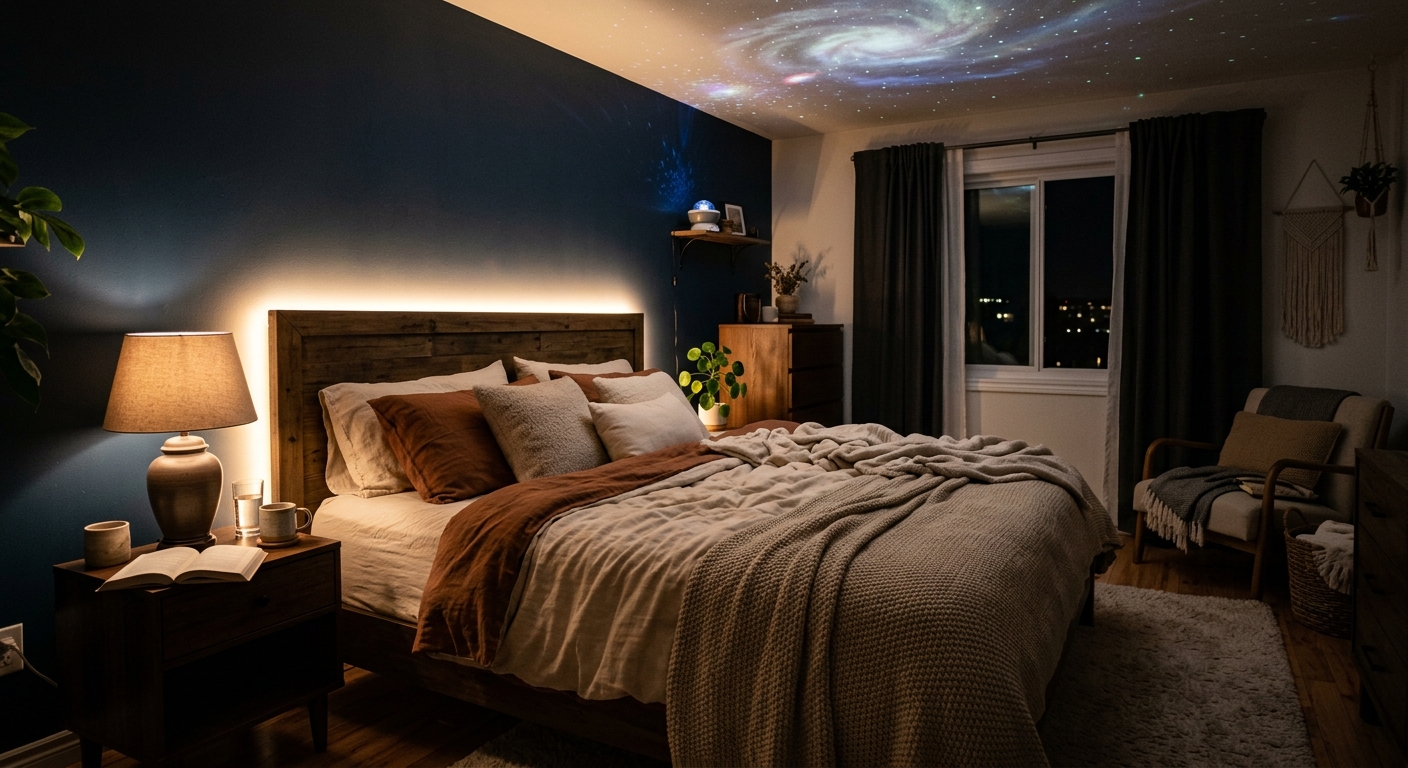 Cozy bedroom with ambient lighting